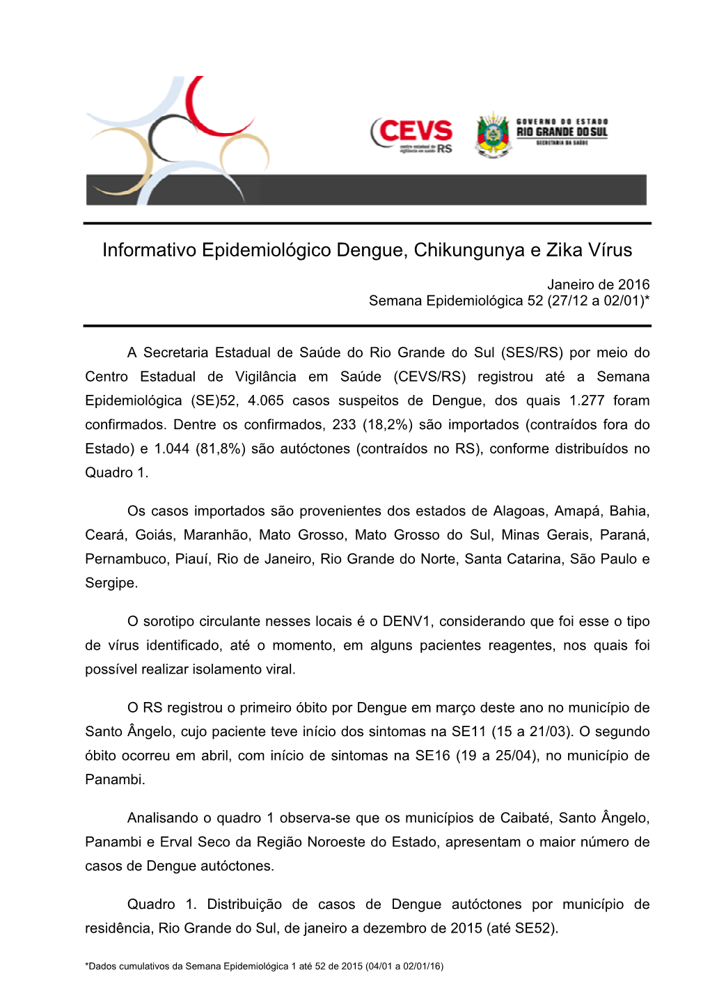 Informativo Epidemiológico Dengue, Chikungunya E Zika Vírus