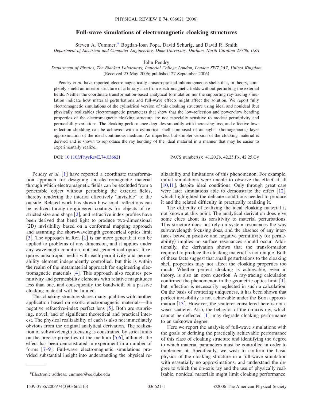 Full-Wave Simulations of Electromagnetic Cloaking Structures