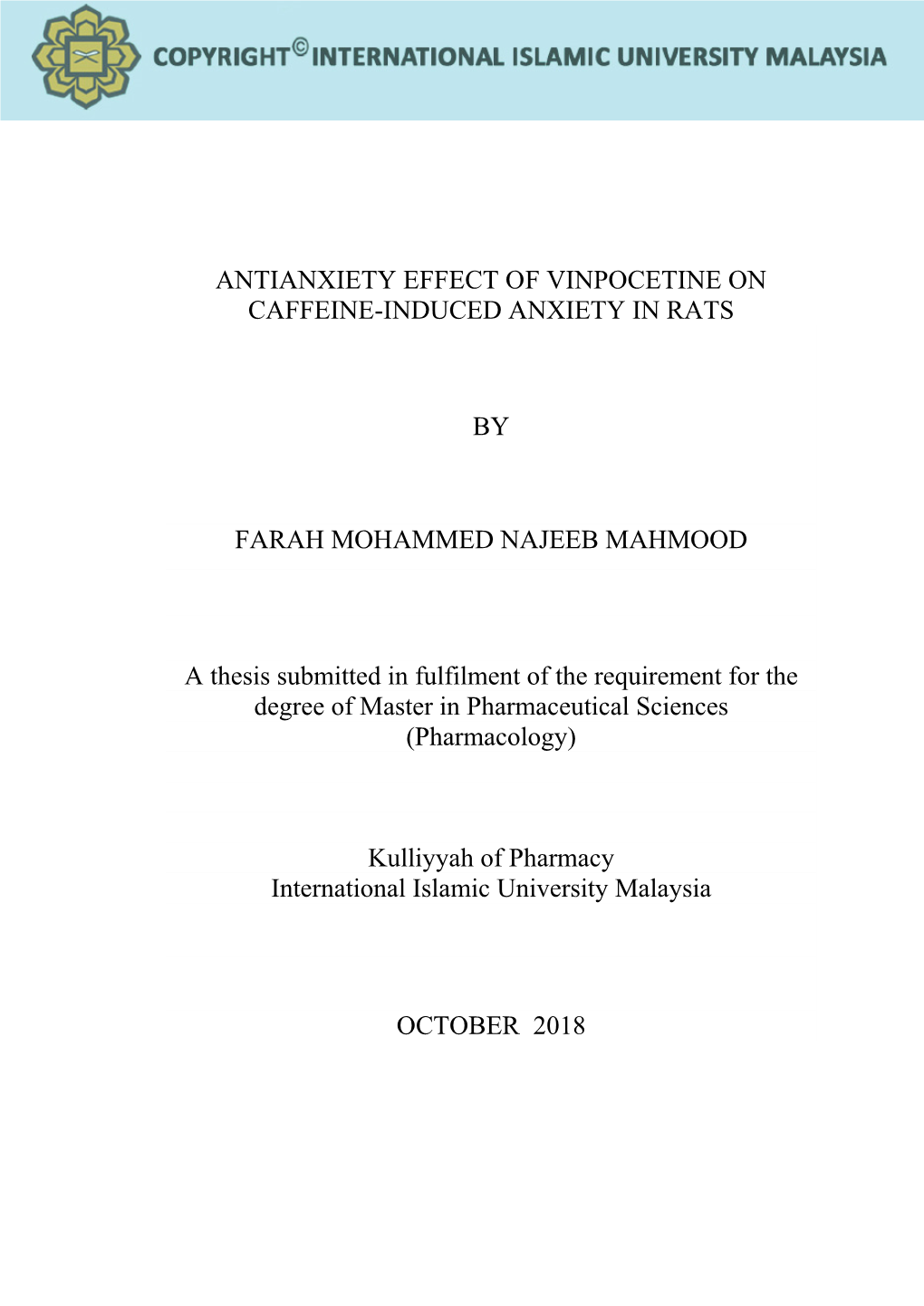 Antianxiety Effect of Vinpocetine on Caffeine-Induced Anxiety in Rats