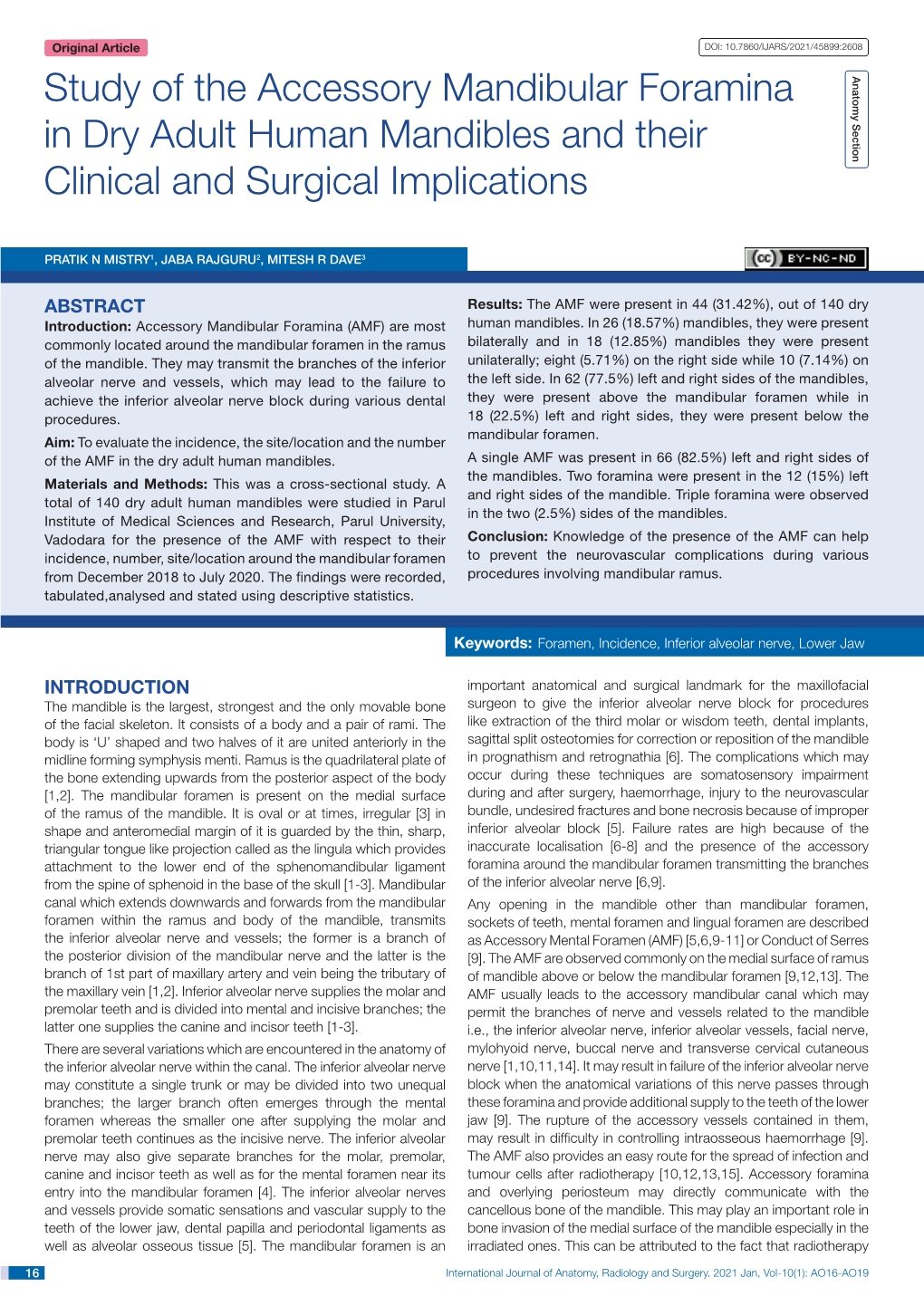 Study of the Accessory Mandibular Foramina in Dry Adult Human