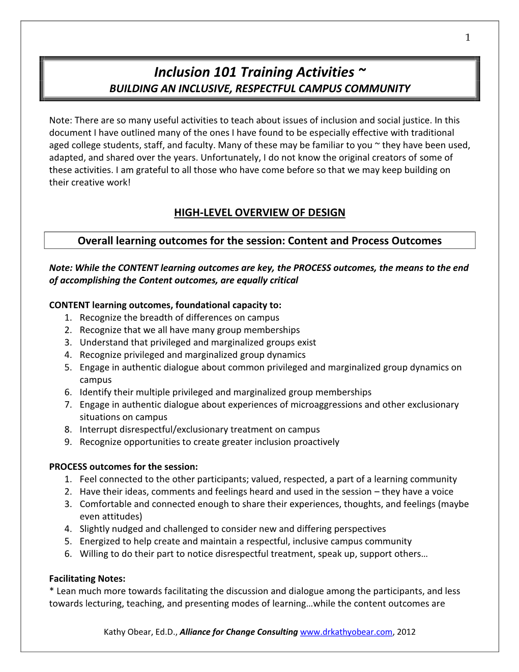 Inclusion 101 Training Activities ~ BUILDING an INCLUSIVE, RESPECTFUL CAMPUS COMMUNITY