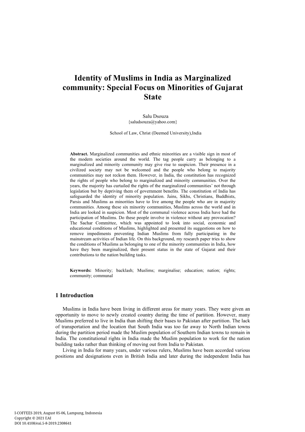 Identity of Muslims in India As Marginalized Community: Special Focus on Minorities of Gujarat State