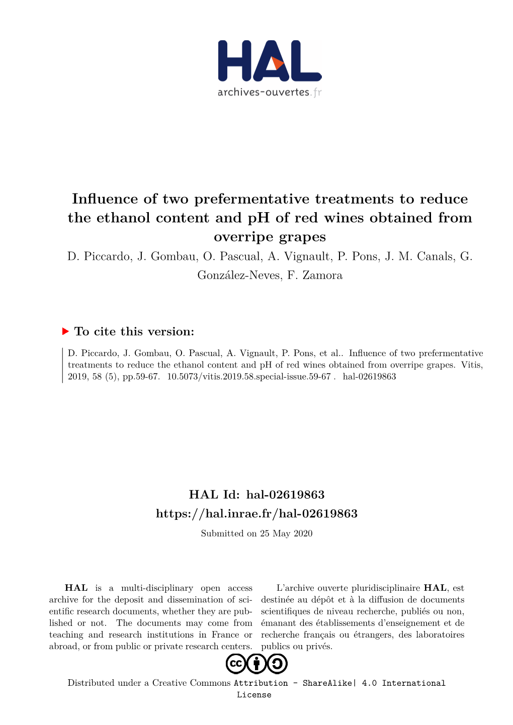 Influence of Two Prefermentative Treatments to Reduce the Ethanol Content and Ph of Red Wines Obtained from Overripe Grapes D