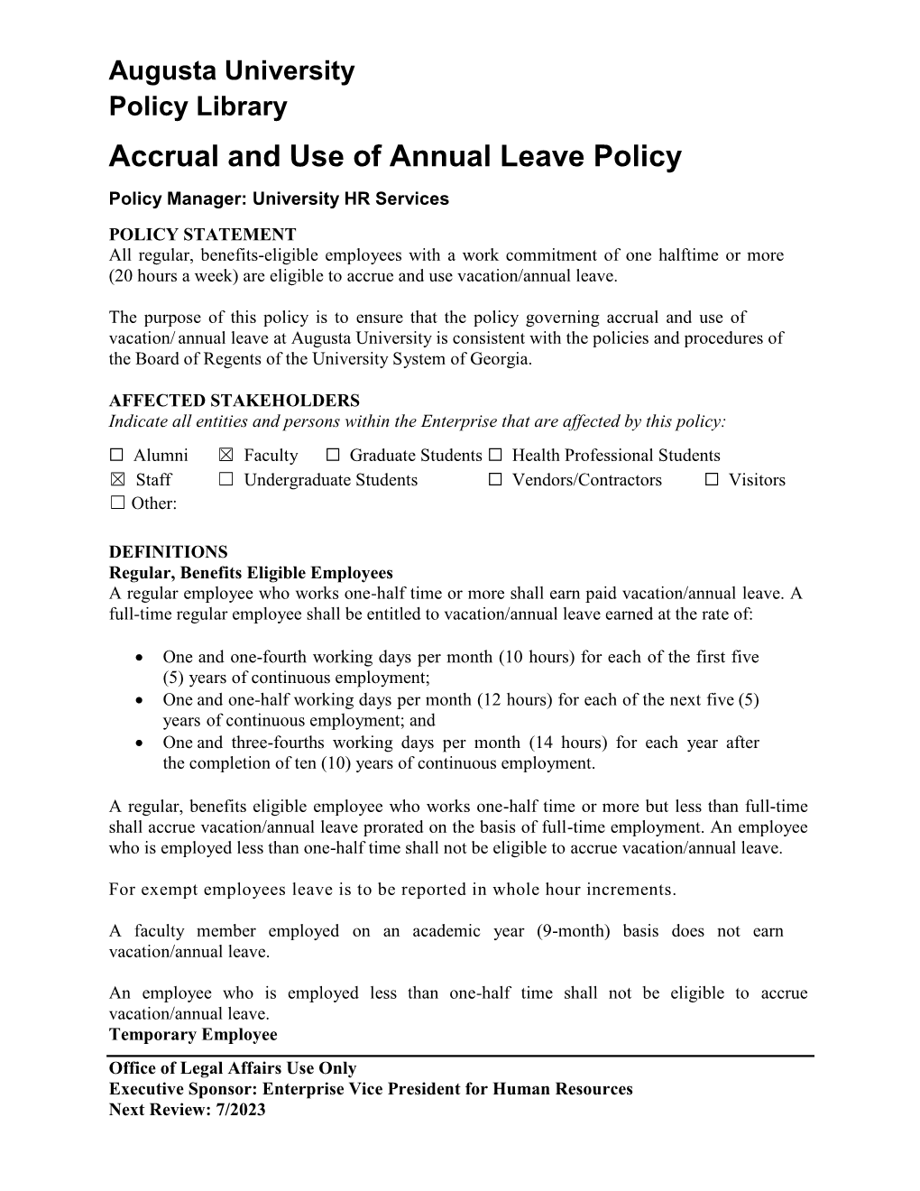 Accrual and Use of Annual Leave Policy