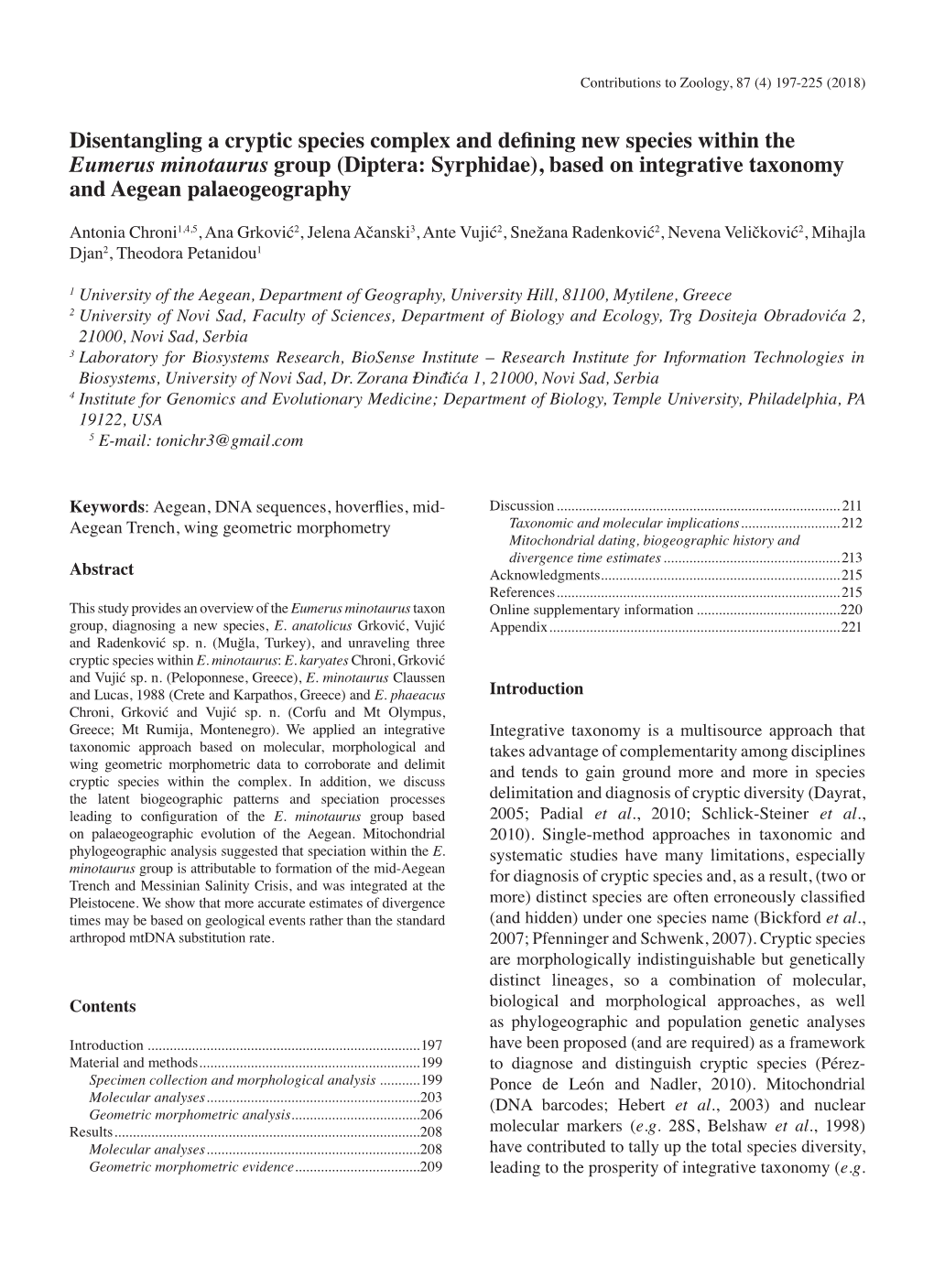 Diptera: Syrphidae), Based on Integrative Taxonomy and Aegean Palaeogeography