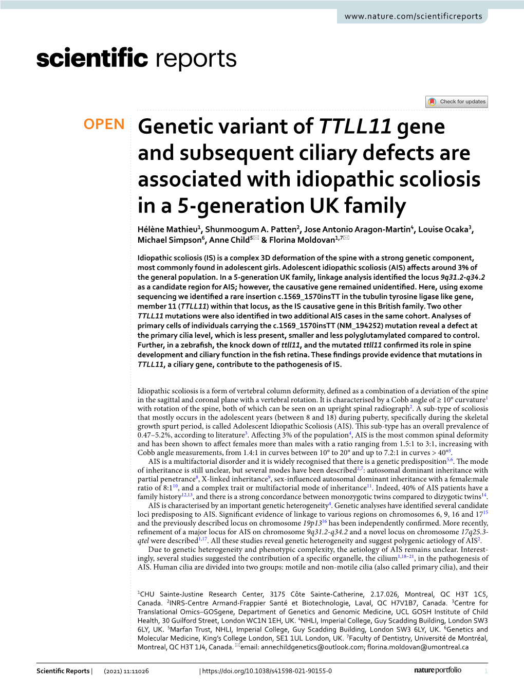 Genetic Variant of TTLL11 Gene and Subsequent Ciliary Defects Are Associated with Idiopathic Scoliosis in a 5-Generation UK Fami