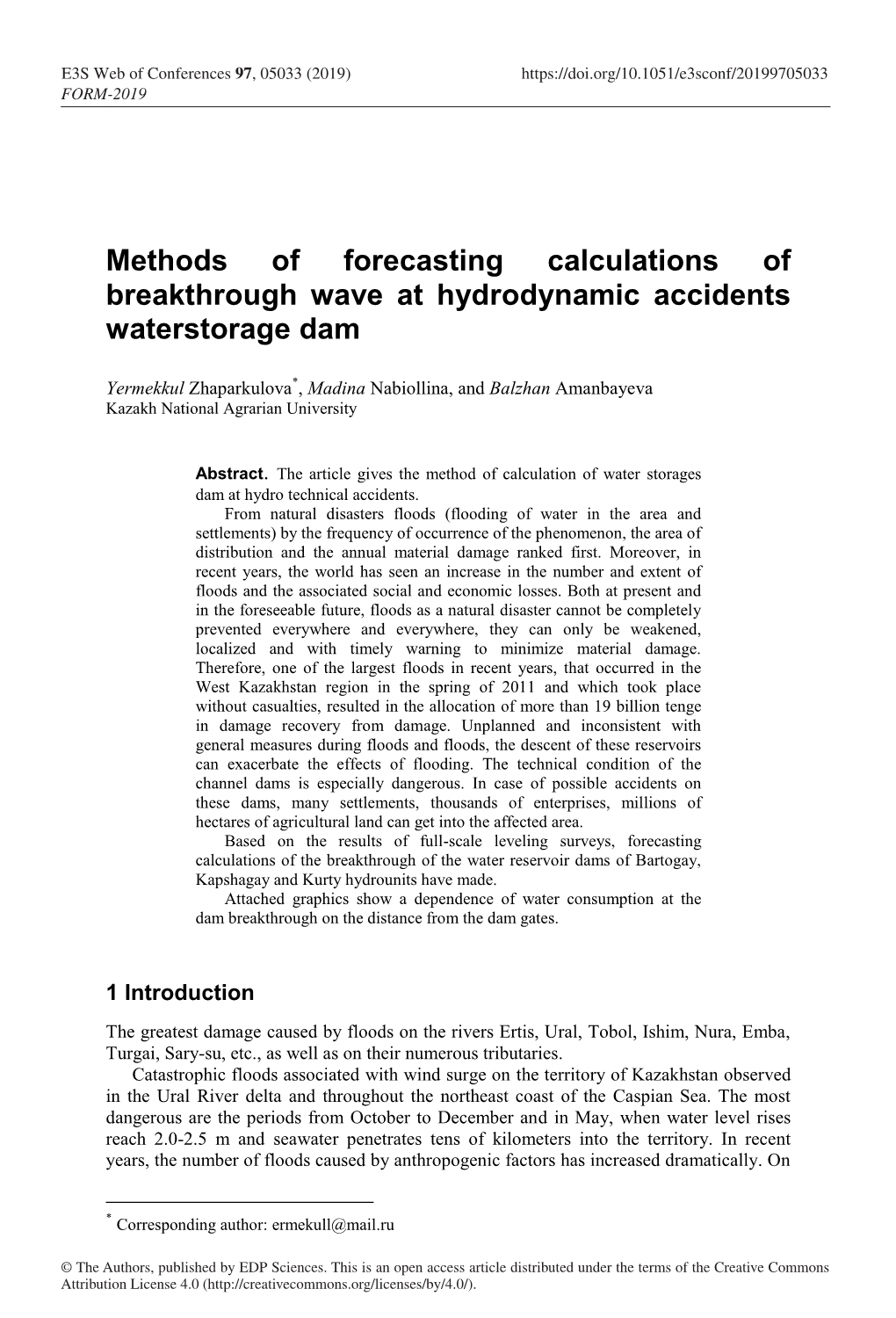 Methods of Forecasting Calculations of Breakthrough Wave at Hydrodynamic Accidents Waterstorage Dam