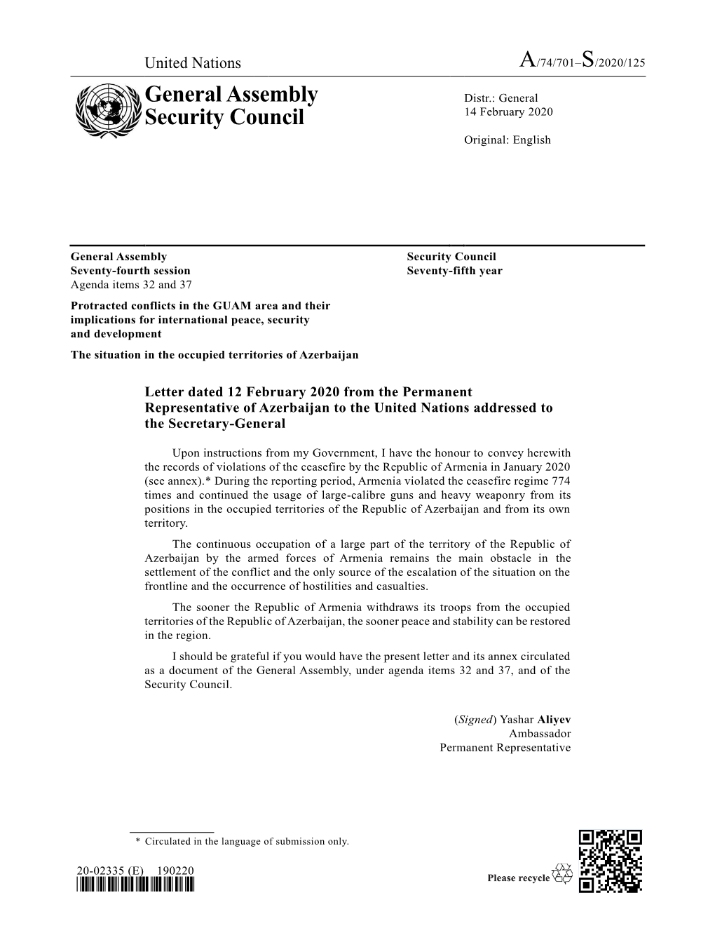 General Assembly Security Council Seventy-Fourth Session Seventy-Fifth Year Agenda Items 32 and 37