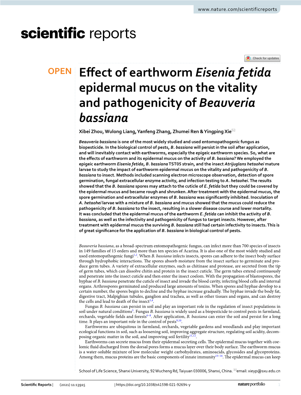 Effect of Earthworm Eisenia Fetida Epidermal Mucus on the Vitality And