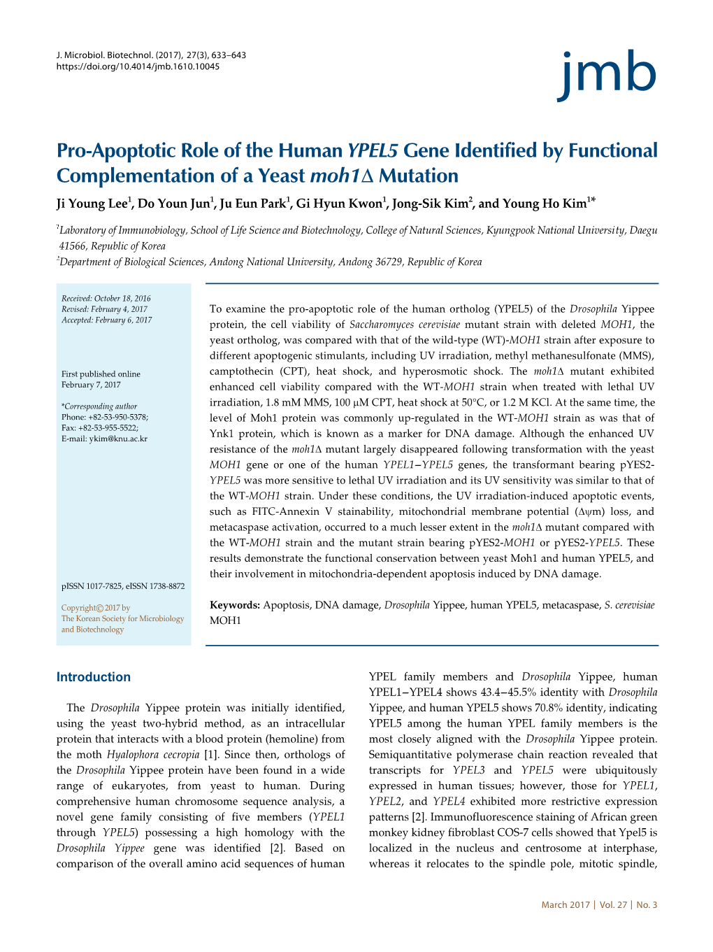 Pro-Apoptotic Role of the Human YPEL5 Gene Identified By