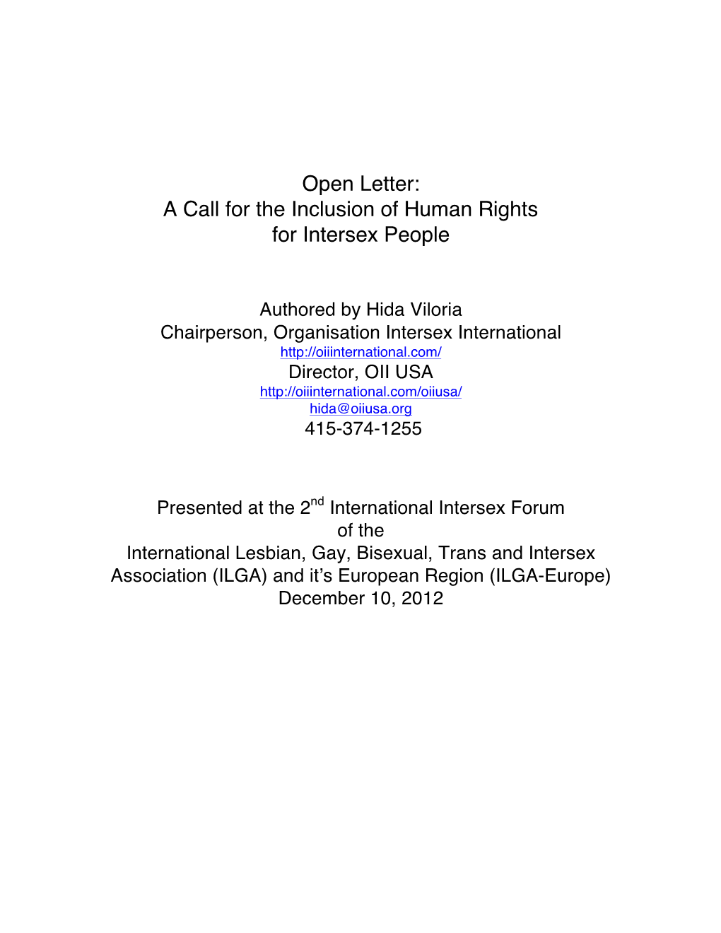 Open Letter: a Call for the Inclusion of Human Rights for Intersex People