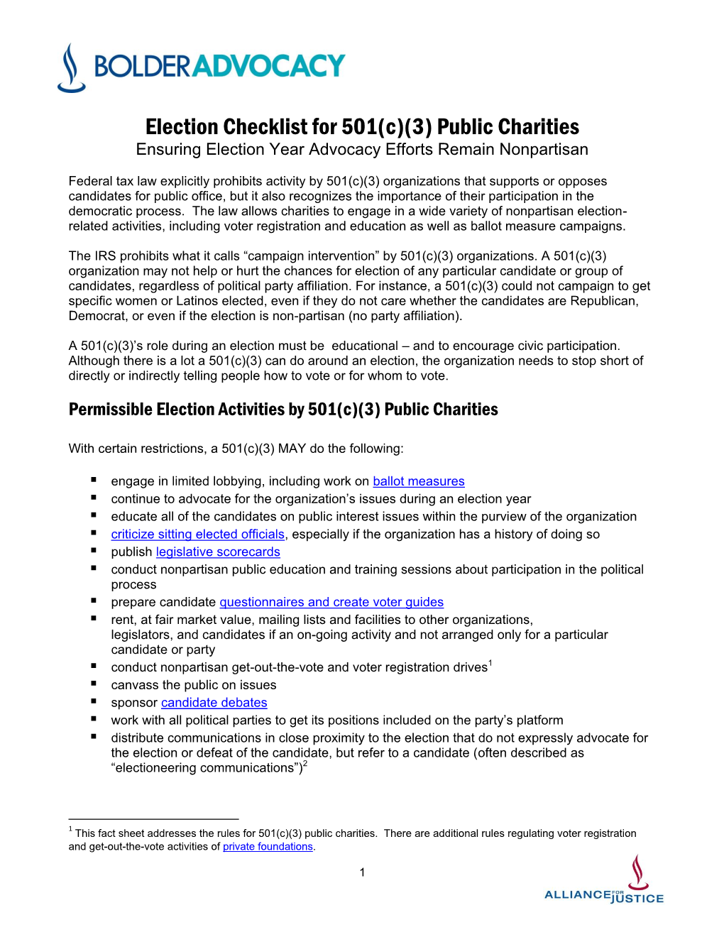 Election Checklist for 501(C)(3) Public Charities Ensuring Election Year Advocacy Efforts Remain Nonpartisan