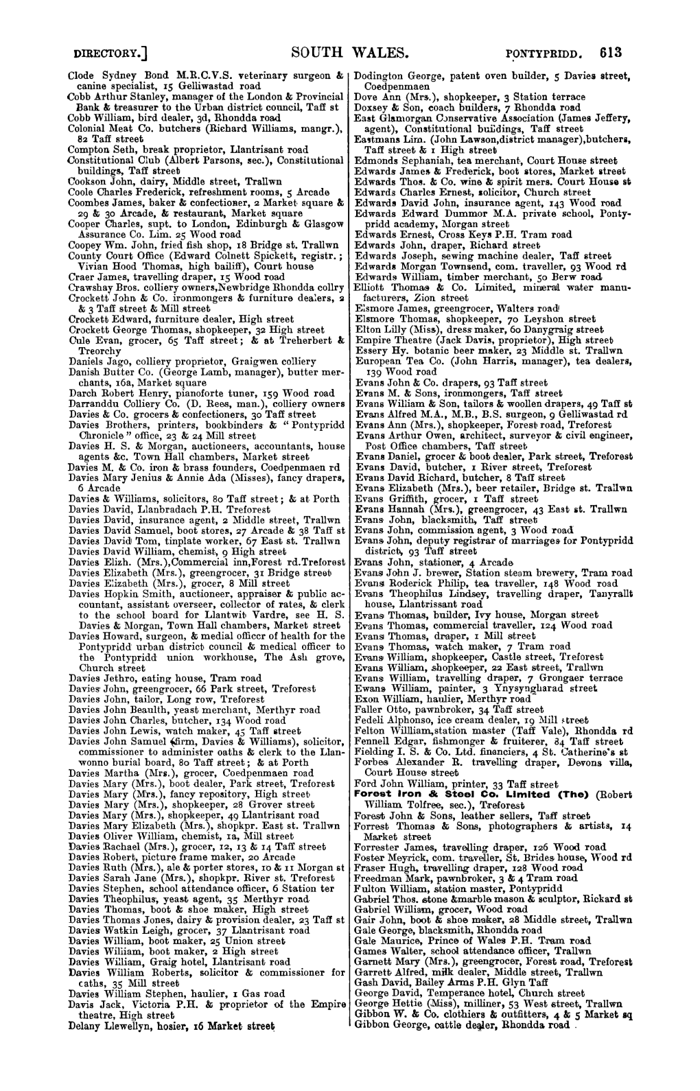 SOUTH WALES. Pontyprldd• 613 • Elode Sydnt'y Bond M.R.C.V.S