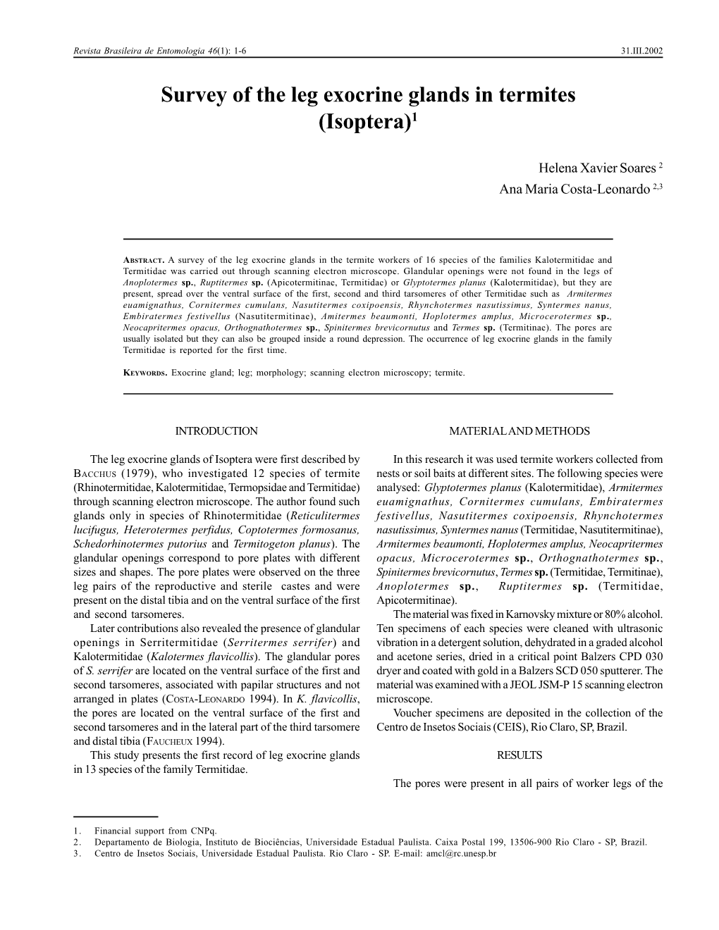 Survey of the Leg Exocrine Glands in Termites (Isoptera)1