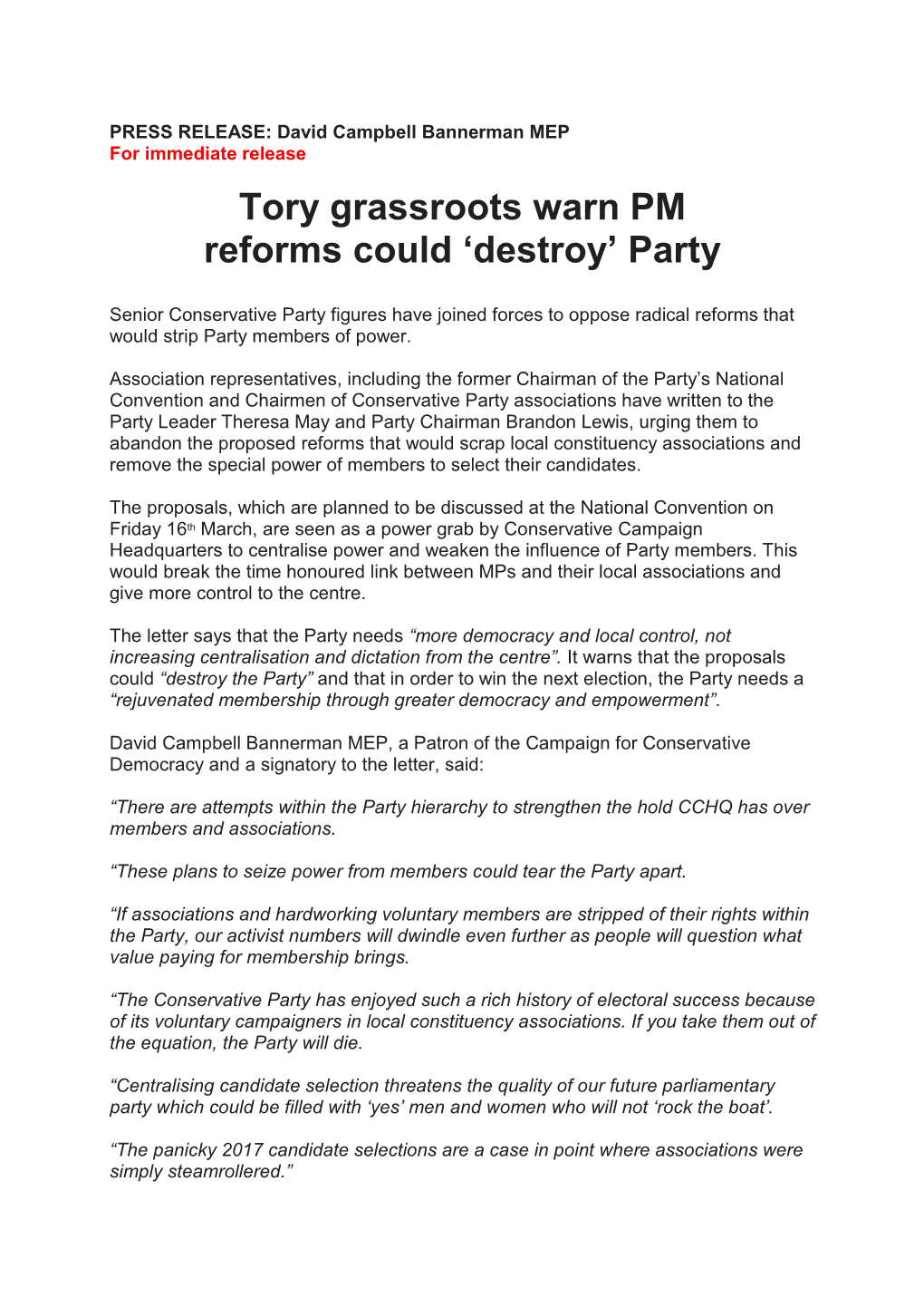 Tory Grassroots Warn PM Reforms Could 'Destroy' Party