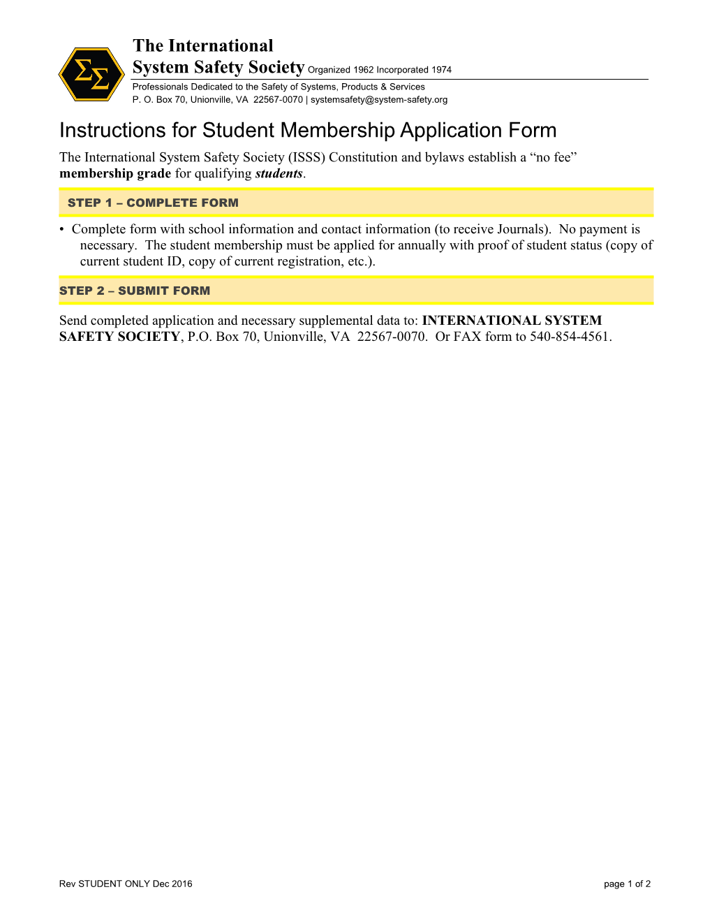 System Safety Society - Membership Application Form