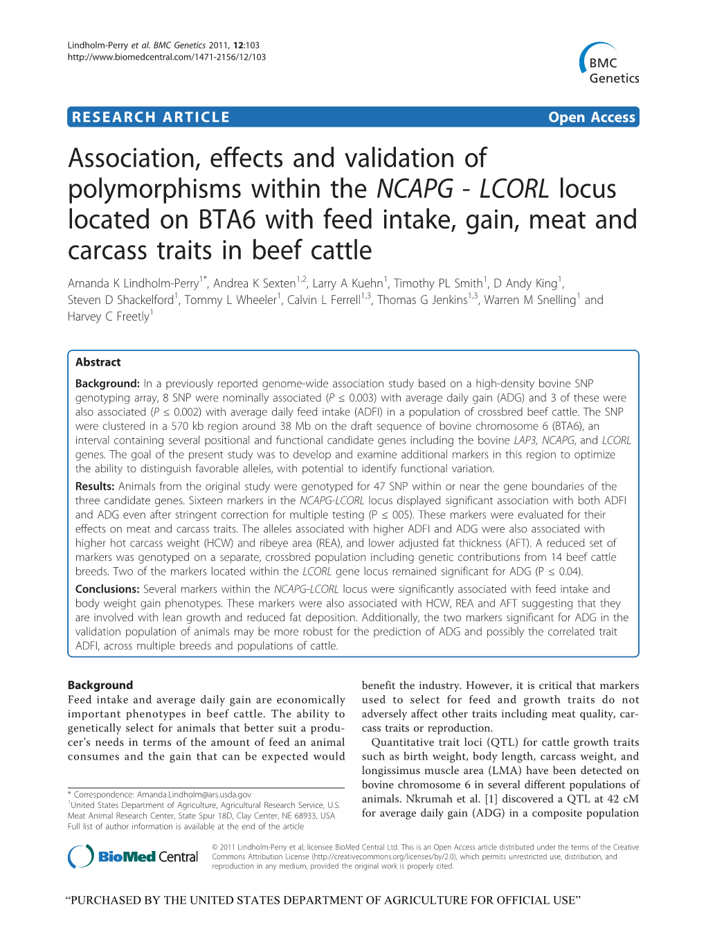 LCORL Locus Located on BTA6 with Feed Intake, Gain, Meat