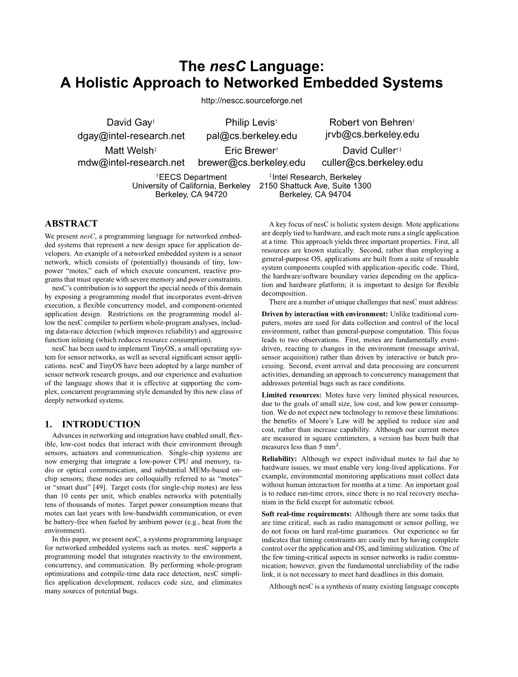 The Nesc Language: a Holistic Approach to Networked Embedded Systems