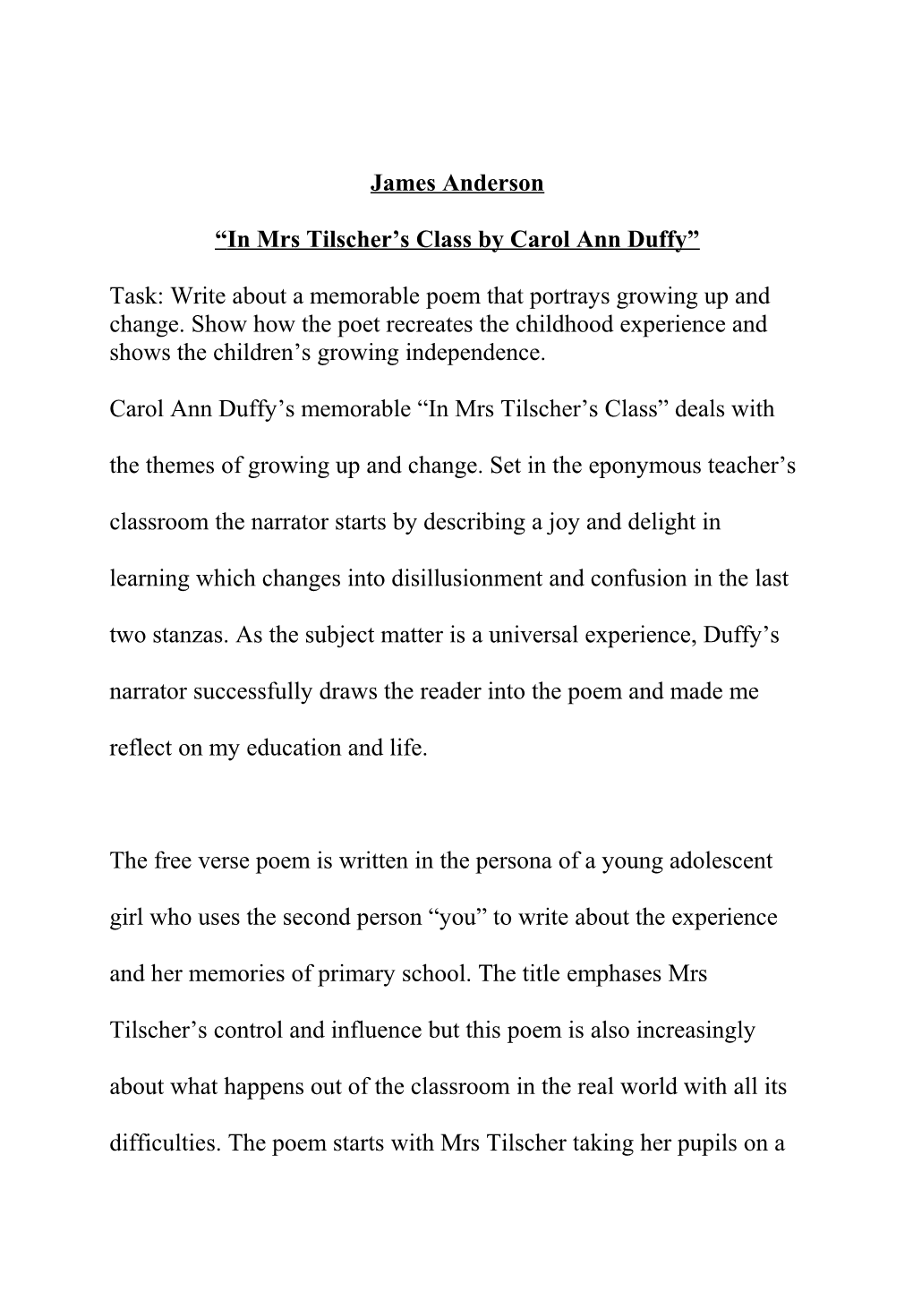 “In Mrs Tilscher’S Class By Carol Ann Duffy”