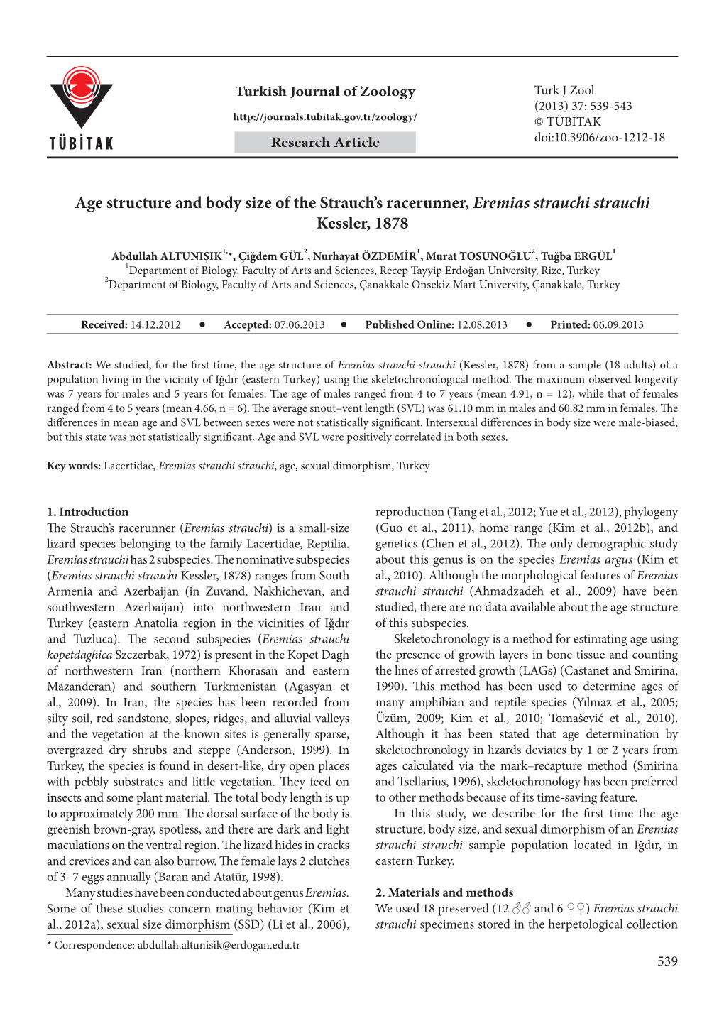 Age Structure and Body Size of the Strauch's Racerunner