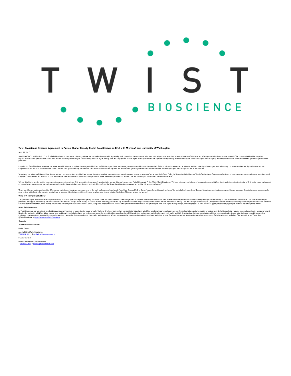 Twist Bioscience Expands Agreement to Pursue Higher Density Digital Data Storage on DNA with Microsoft and University of Washington
