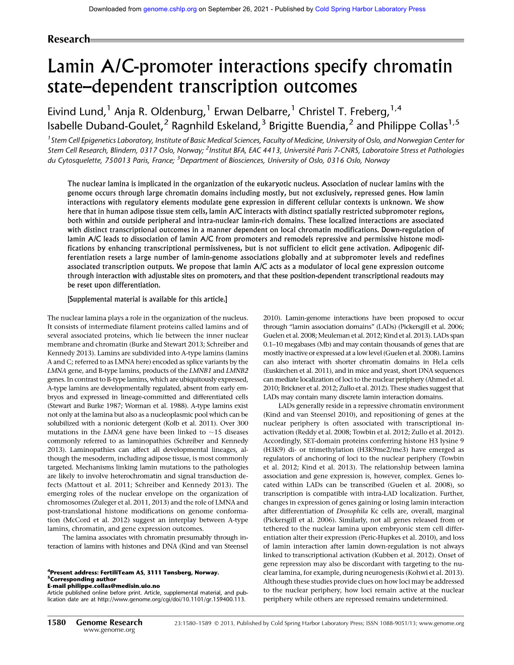 Lamin A/C-Promoter Interactions Specify Chromatin State–Dependent Transcription Outcomes