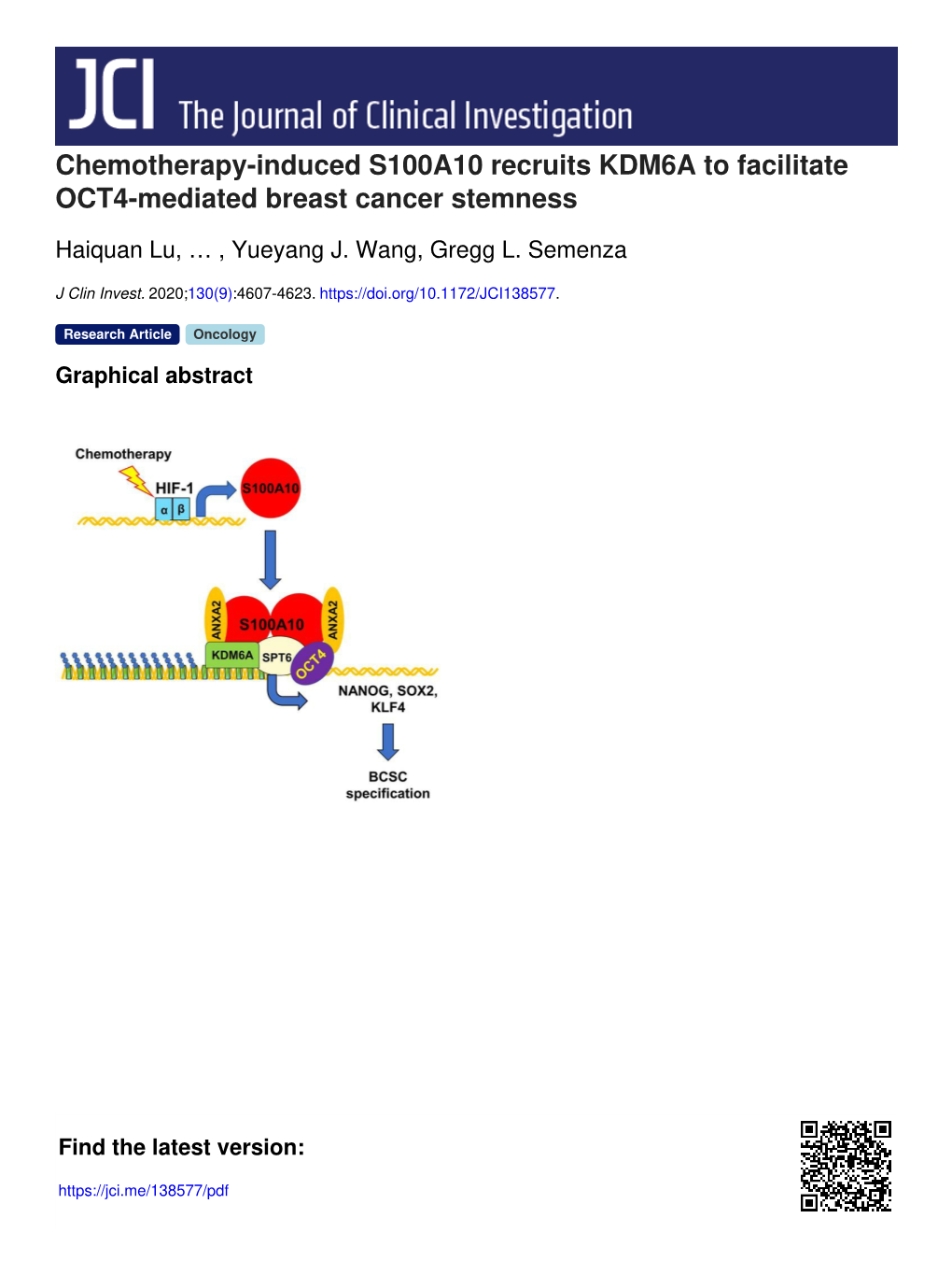 Chemotherapy-Induced S100A10 Recruits KDM6A to Facilitate OCT4-Mediated Breast Cancer Stemness