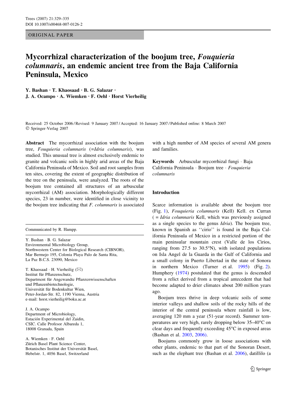 Mycorrhizal Characterization of the Boojum Tree, Fouquieria Columnaris, an Endemic Ancient Tree from the Baja California Peninsula, Mexico