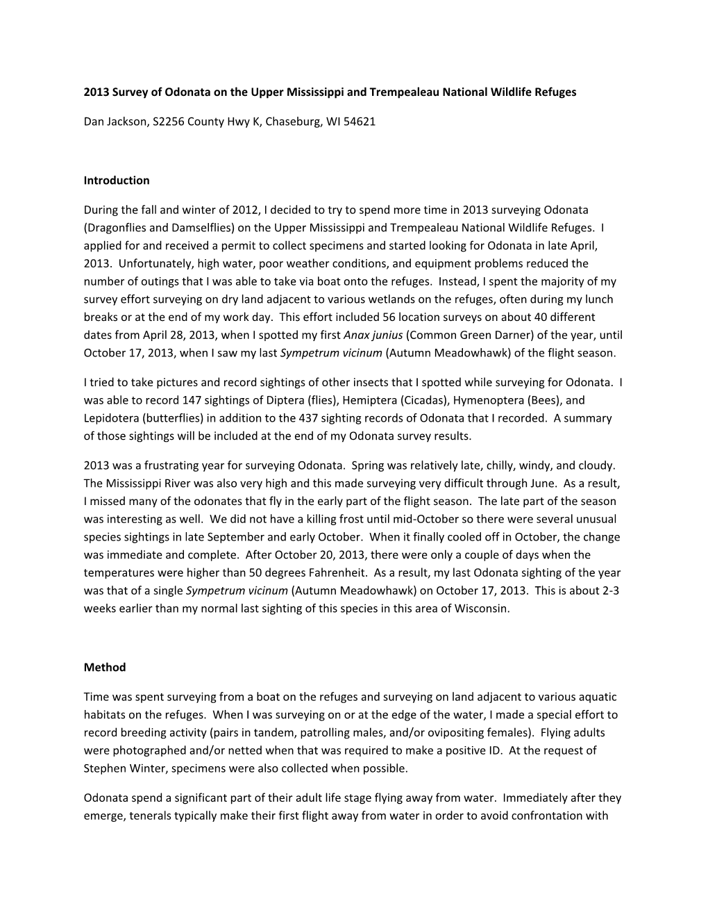 2013 Survey of Odonata on the Upper Mississippi and Trempealeau National Wildlife Refuges