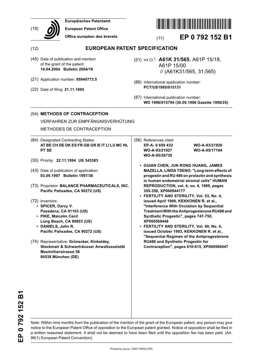 Methods of Contraception Verfahren Zur Empfängnisverhütung Methodes De Contraception