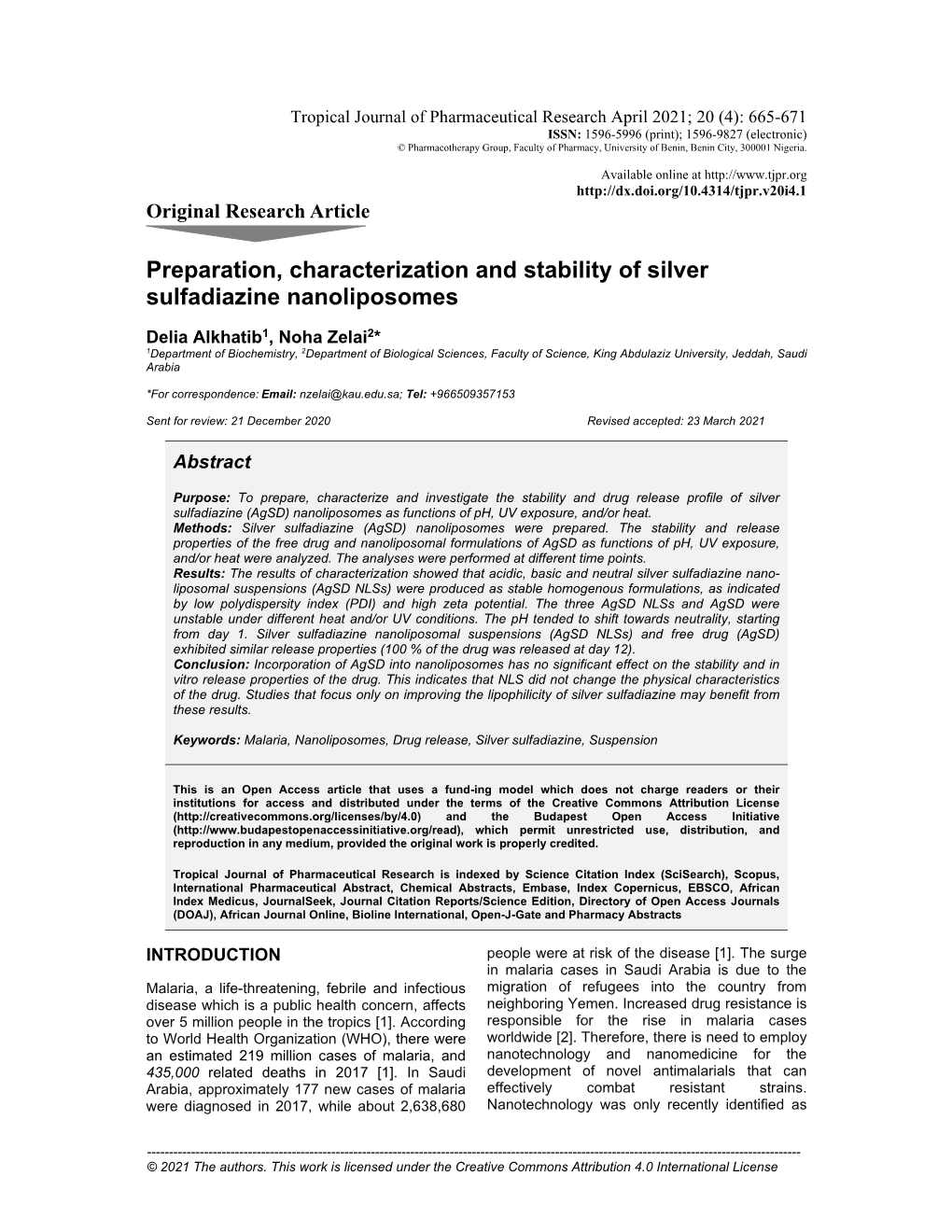 Preparation, Characterization and Stability of Silver Sulfadiazine Nanoliposomes