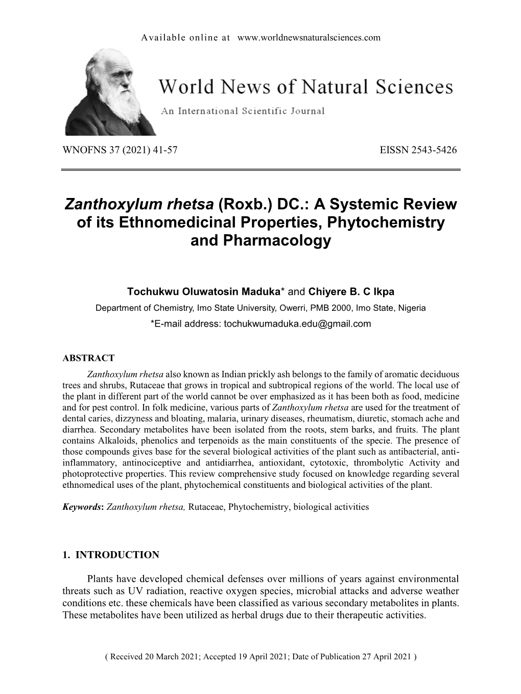 Zanthoxylum Rhetsa (Roxb.) DC.: a Systemic Review of Its Ethnomedicinal Properties, Phytochemistry and Pharmacology