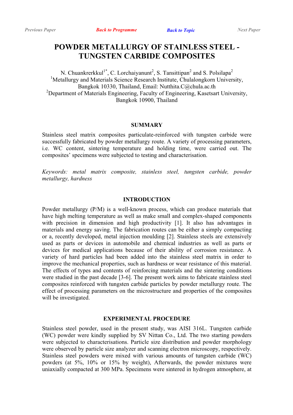 Powder Metallurgy of Stainless Steel - Tungsten Carbide Composites