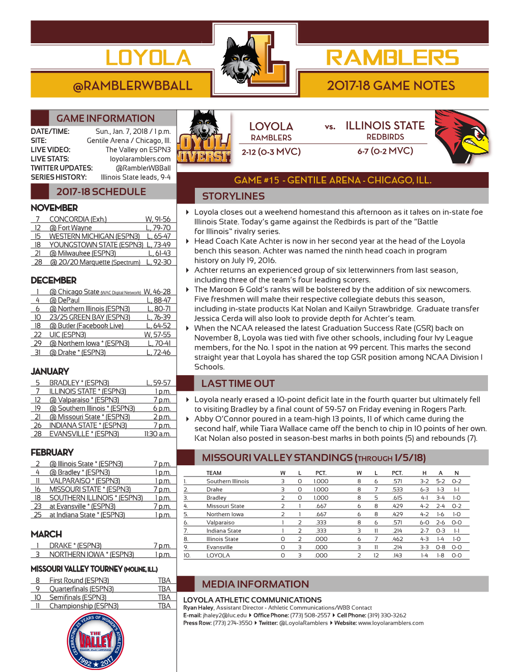 Loyola Ramblers @Ramblerwbball 2017-18 Game Notes