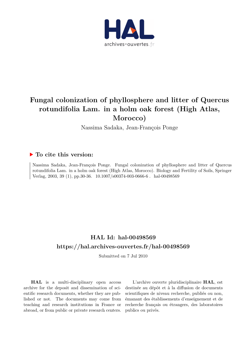 Fungal Colonization of Phyllosphere and Litter of Quercus Rotundifolia Lam