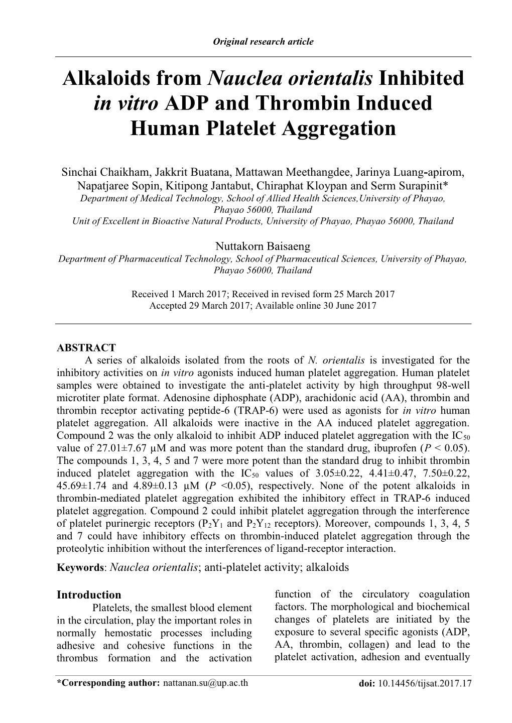 Alkaloids from Nauclea Orientalis Inhibited in Vitro ADP and Thrombin Induced Human Platelet Aggregation