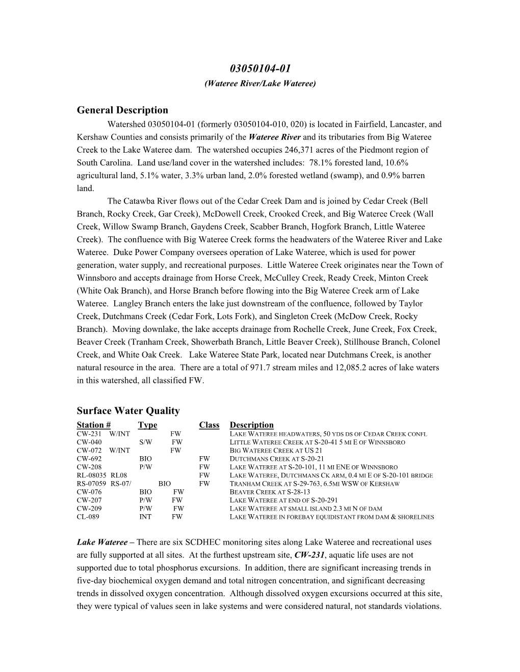 General Description Surface Water Quality