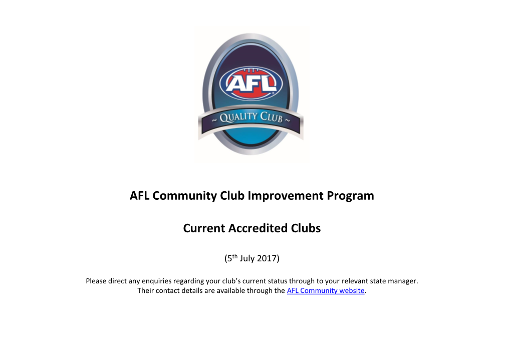 AFL Community Club Improvement Program Current Accredited Clubs