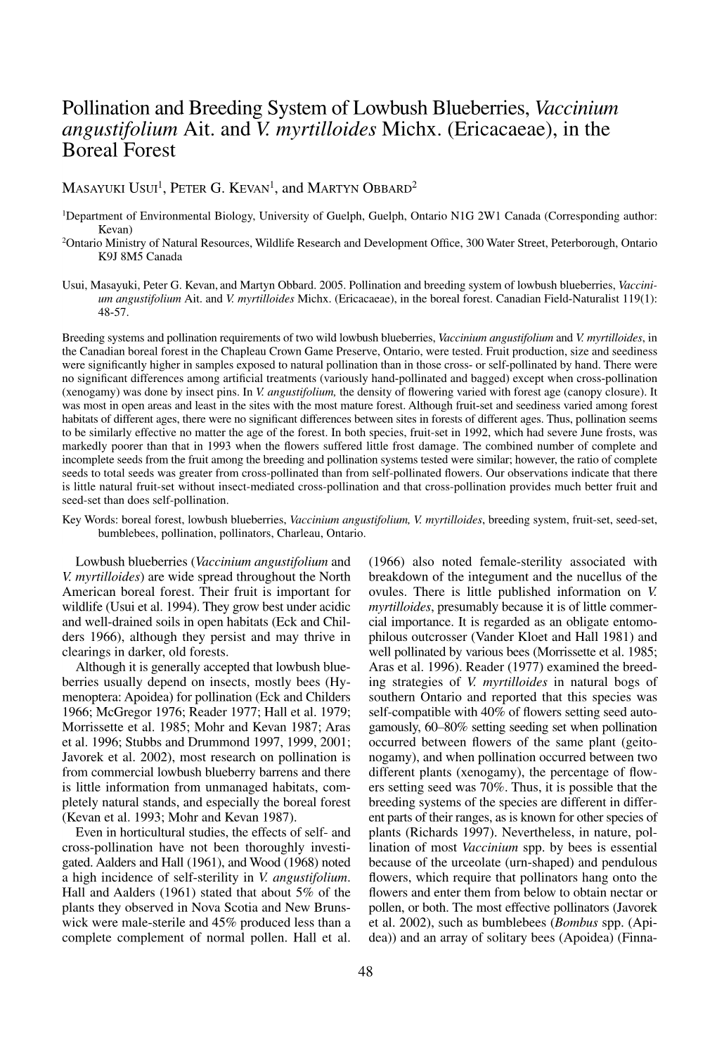 Pollination and Breeding System of Lowbush Blueberries, Vaccinium Angustifolium Ait