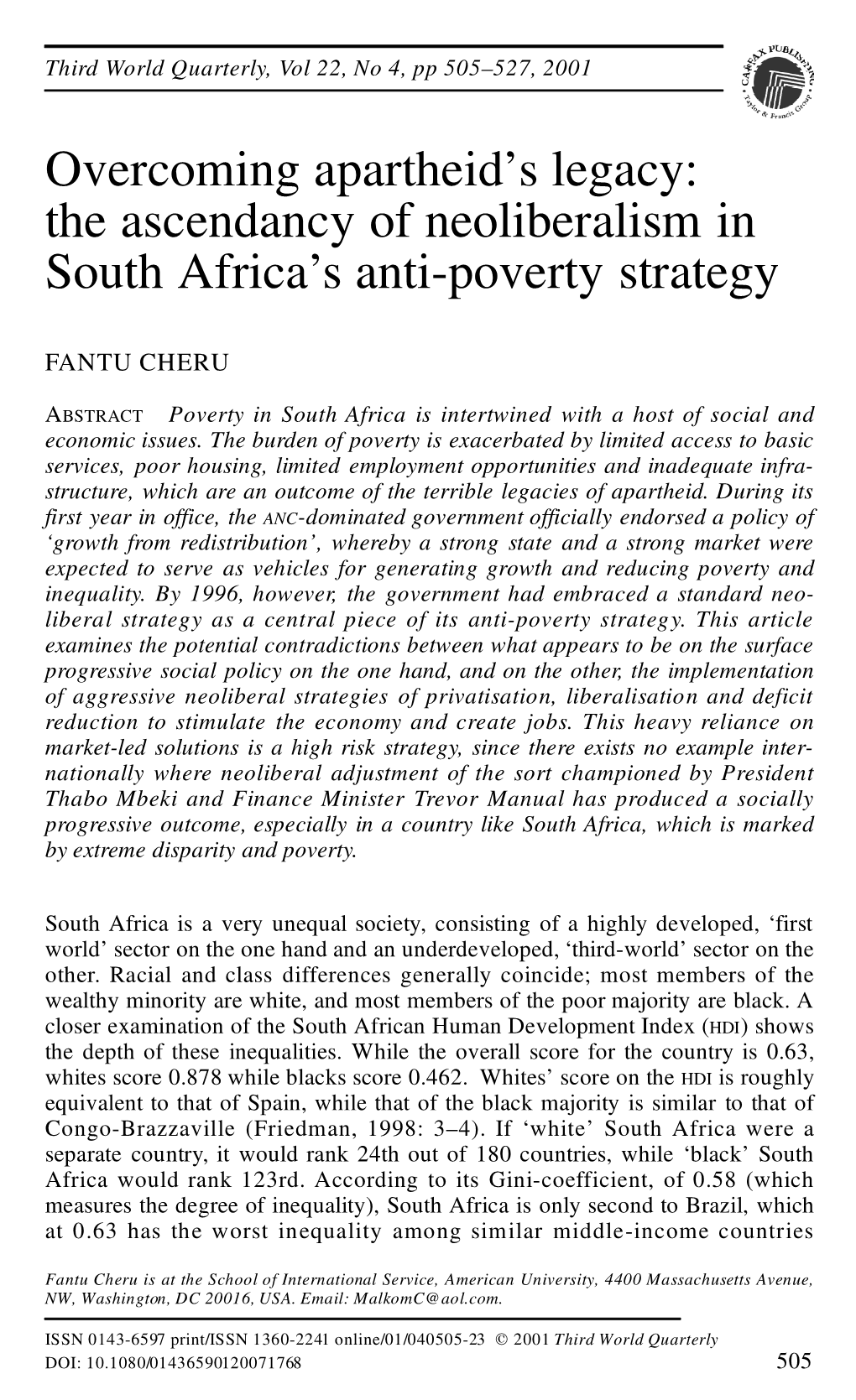 The Ascendancy of Neoliberalism in South Africa's Anti-Poverty Strategy