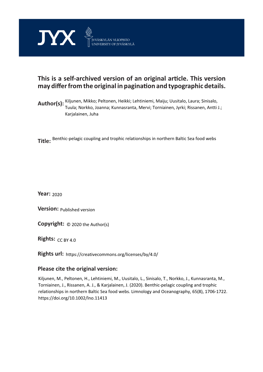 Benthic‐Pelagic Coupling and Trophic Relationships in Northern Baltic Sea Food Webs