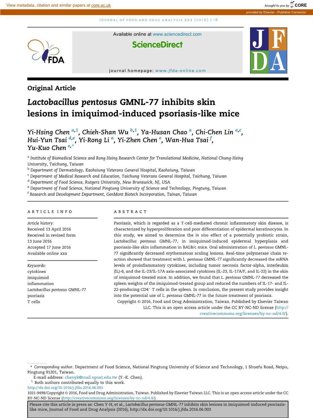 Lactobacillus Pentosus GMNL-77 Inhibits Skin Lesions In&Nbsp