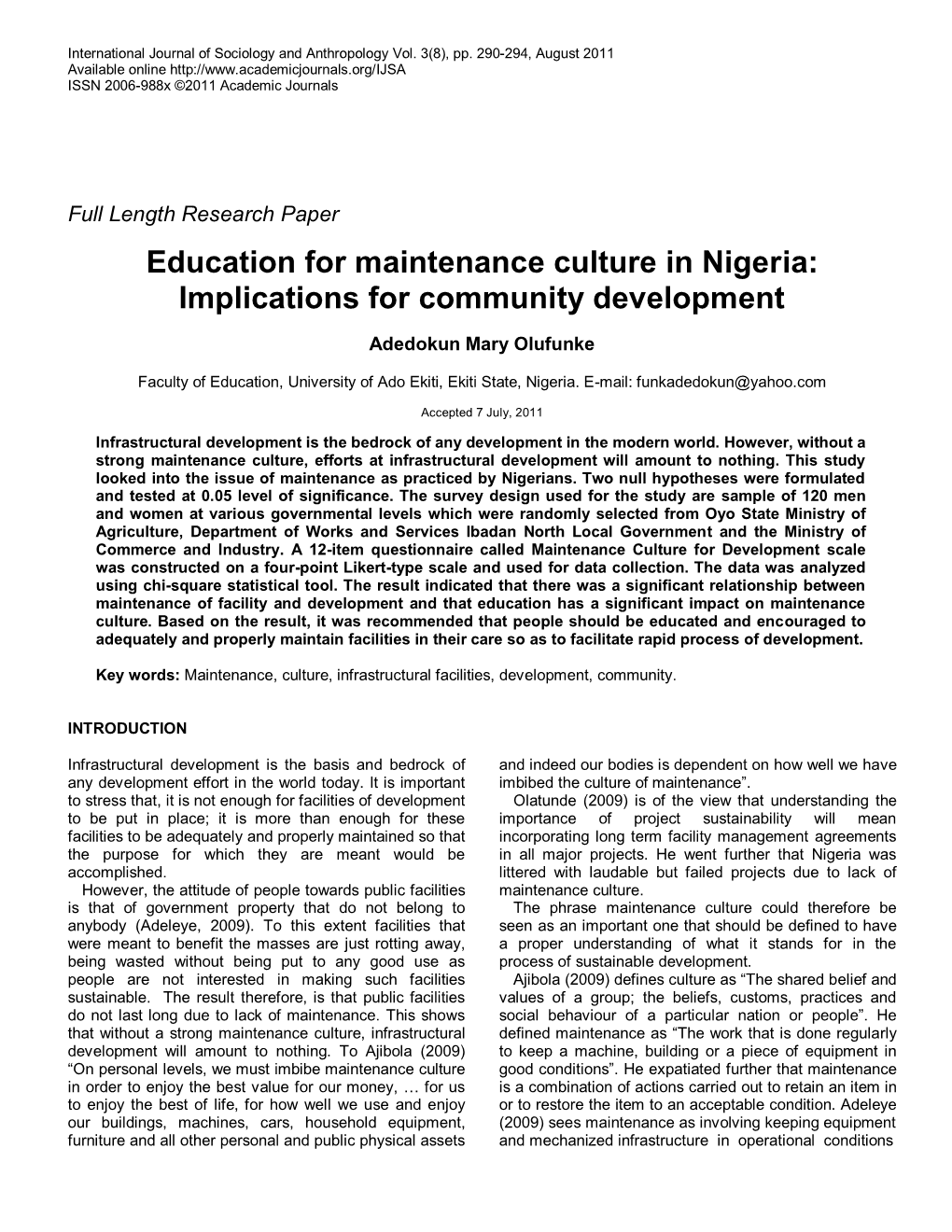 Education for Maintenance Culture in Nigeria: Implications for Community Development