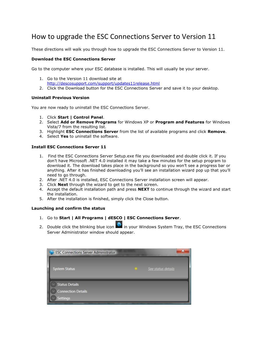 How to Upgrade the ESC Connections Server to Version 11