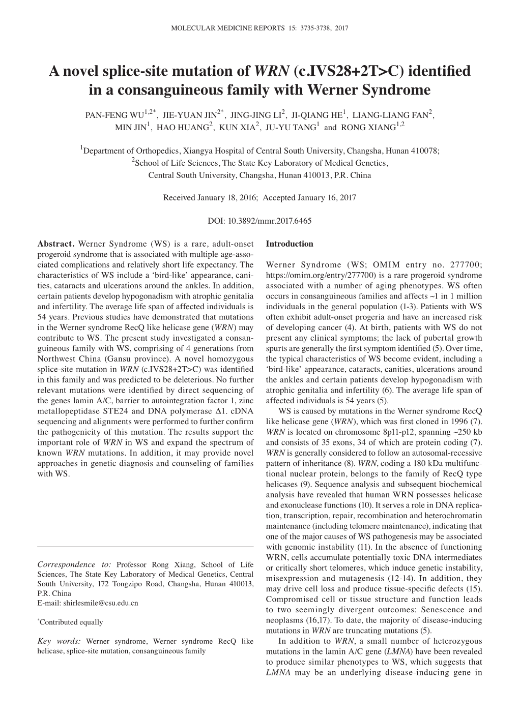 A Novel Splice-Site Mutation of WRN (C.IVS28+2T>C)