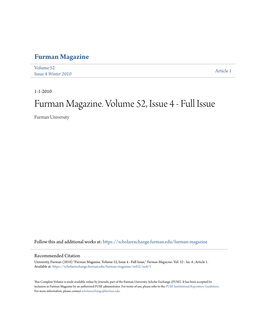 Furman Magazine. Volume 52, Issue 4 - Full Issue Furman University