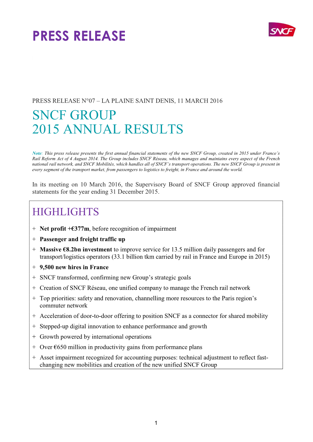 SNCF Group PR FY2015 Annual Results 03.11.2016