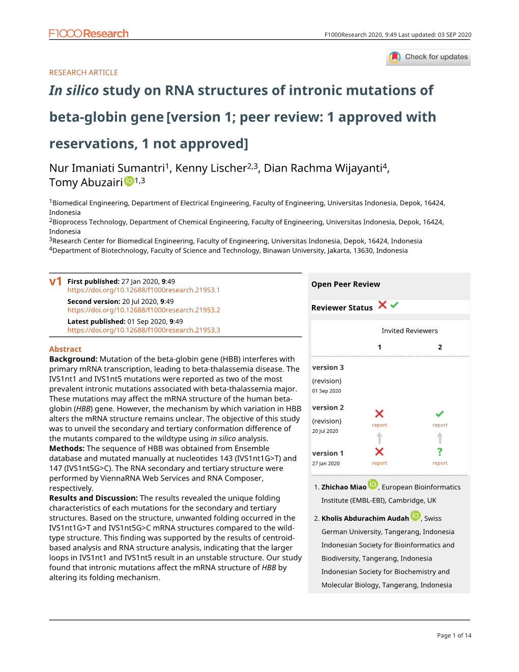 In Silico Study on RNA Structures of Intronic Mutations of Beta-Globin Gene [Version 1; Peer Review: 1 Approved with Reservations, 1 Not Approved]