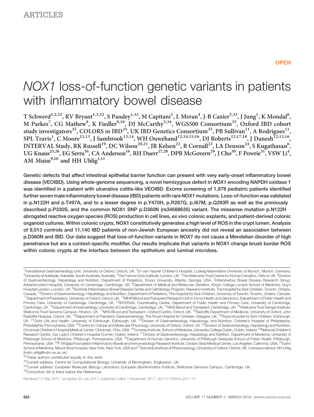 NOX1 Loss-Of-Function Genetic Variants in Patients with Inflammatory Bowel Disease