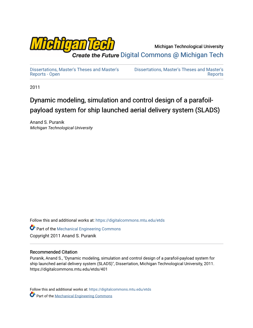 Dynamic Modeling, Simulation and Control Design of a Parafoil-Payload